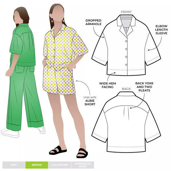 Albie Woven Shirt Multi-Size Sewing Pattern - PrintedIllustration of the Albie Shirt Sewing Pattern with front, back, and side views, showcasing a box-shaped body, dropped shoulder, and square-shaped elbow-length sleeves with wide hems.