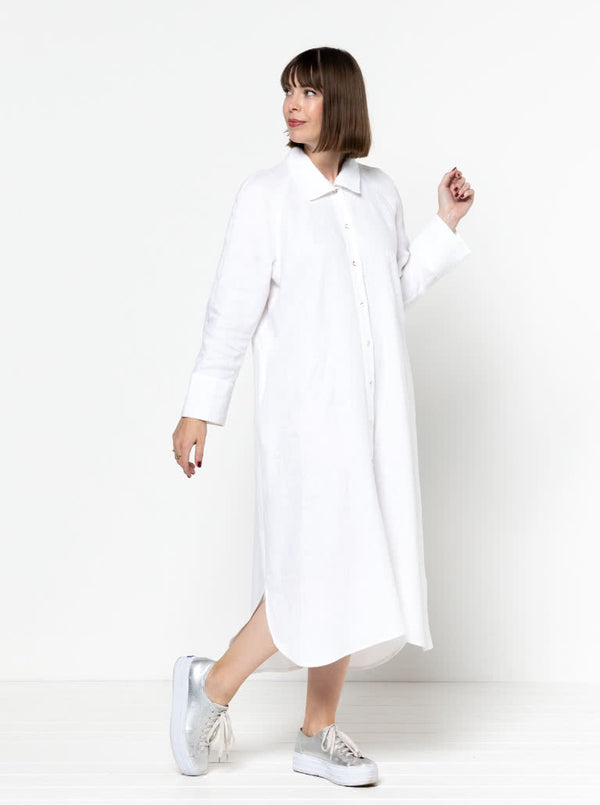 Anais Dress Sewing Pattern – long-line shirt-style dress with raglan sleeves and hi-low hem