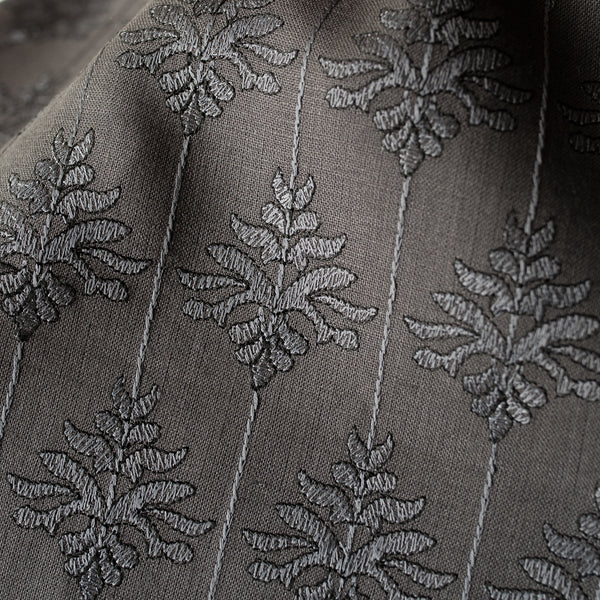 Ash Fern embroidered linen fabric – lightweight dark grey 100% linen with fern motif embroidery