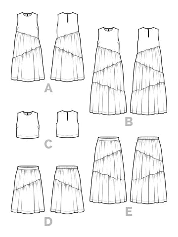Set of line drawings of Azure Dress, Skirt, and Topare labeled A to E on a white background