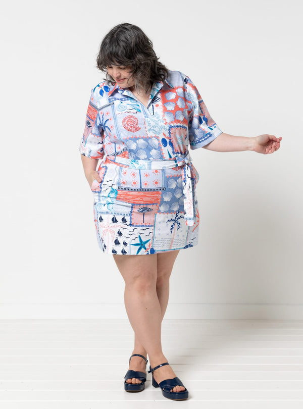 Beckers woven dress sewing pattern made in natural linen with collared neckline