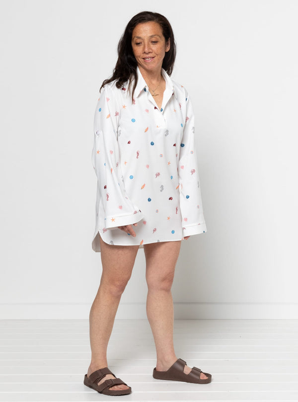 Beckers woven dress sewing pattern made in natural linen with collared neckline