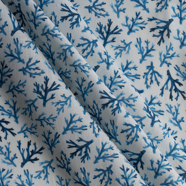 Blue Coral 100% Linen Fabric – ocean-inspired blue print on white-green base