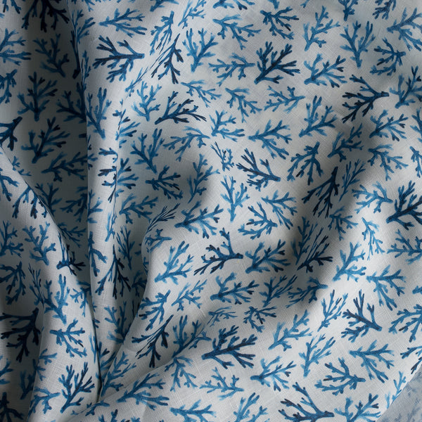 Blue Coral 100% Linen Fabric – ocean-inspired blue print on white-green base