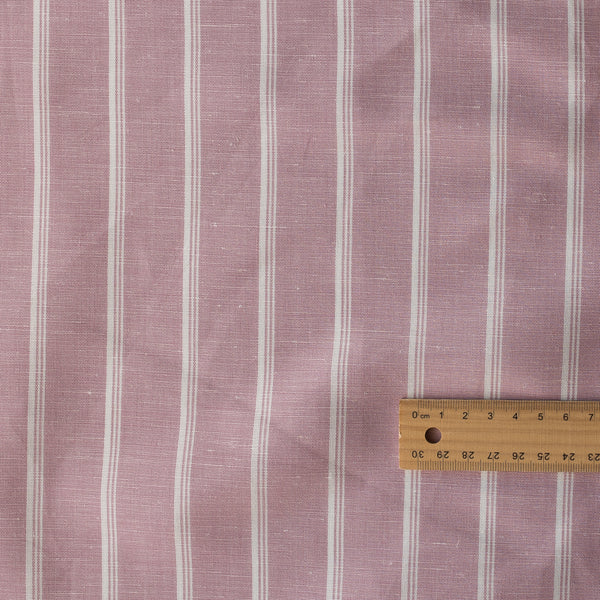 Blush Stripe Yarn-Dyed Linen Blend Fabric – muted mauve with elegant white stripes, lightweight 135 GSM