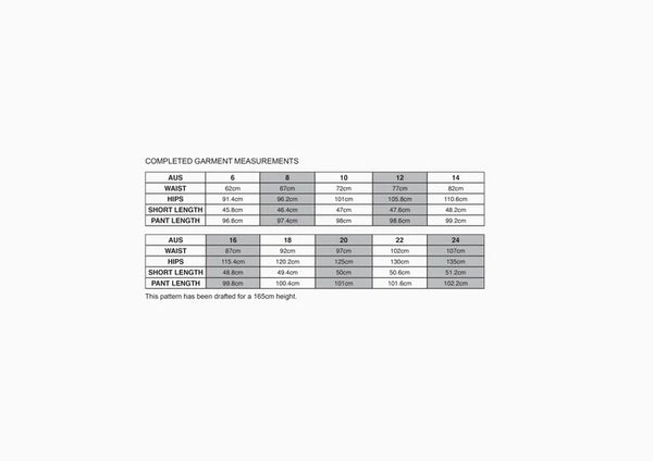 size chart of Bottlebrush Pants and Shorts Sewing Pattern - High-Waisted Flared Pants and Mini Shorts