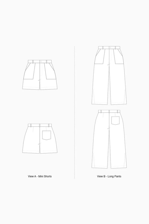 Line drawing of Bottlebrush Pants and Shorts Sewing Pattern - High-Waisted Flared Pants and Mini Shorts