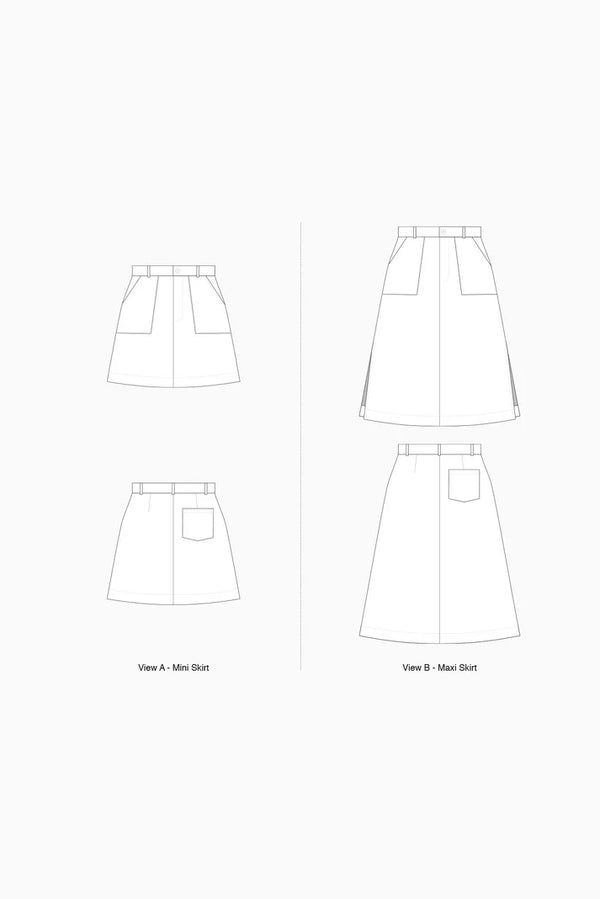 line drawingof Bottlebrush Skirts Sewing Pattern - High-Waisted Maxi and Mini Skirt Designs