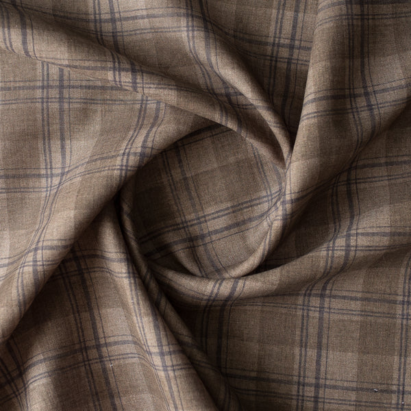 Brownstone Plaid linen–cotton blend fabric in earthy brown tones, 120 GSM, printed plaid pattern.