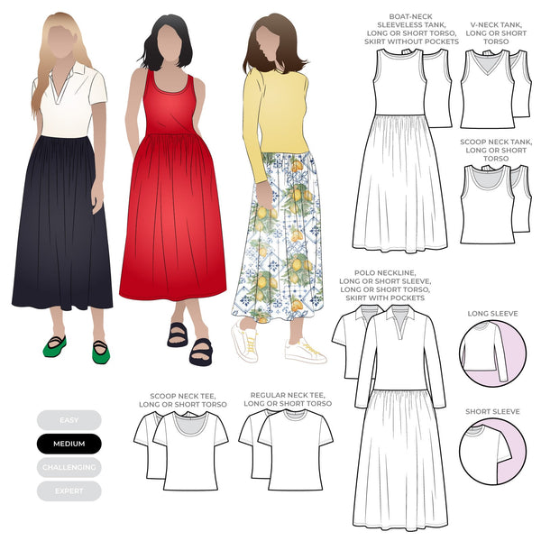 Illustrations of women wearingCarter Dress made using StyleArc pattern with tee bodice and mid-calf linen skirt