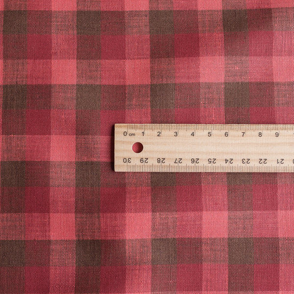 Cherry Check 100% Linen FabricCherry Check Linen Fabric with a harmonious check pattern in cherry red, chocolate, and coral, offering a lightweight drape for diverse sewing projects.