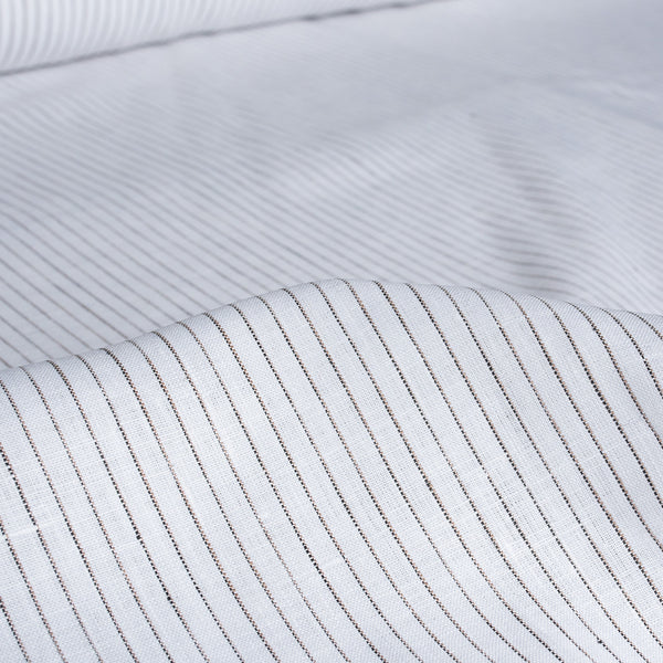 Sophisticated Chocolate Pinstripe Linen Fabric with natural slub texture, ideal for creating stylish and comfortable apparel.