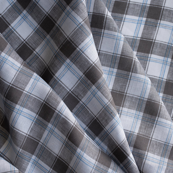 Classic Slate Plaid Linen Fabric – grey and blue check pattern on white background, 100% linen