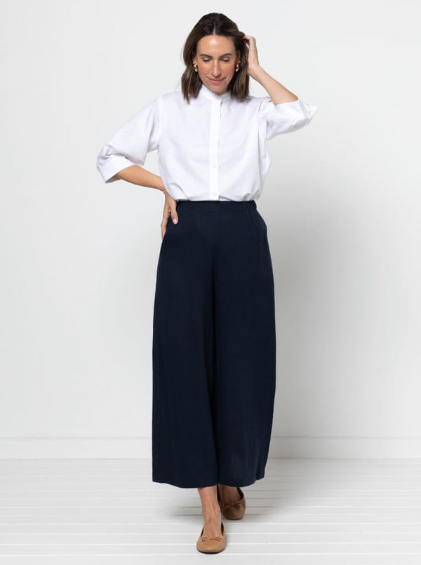 Clayton Woven Shirt Pack sewing pattern with relaxed and classic fit options, featuring optional collars, sleeves, pockets, and neck trims.