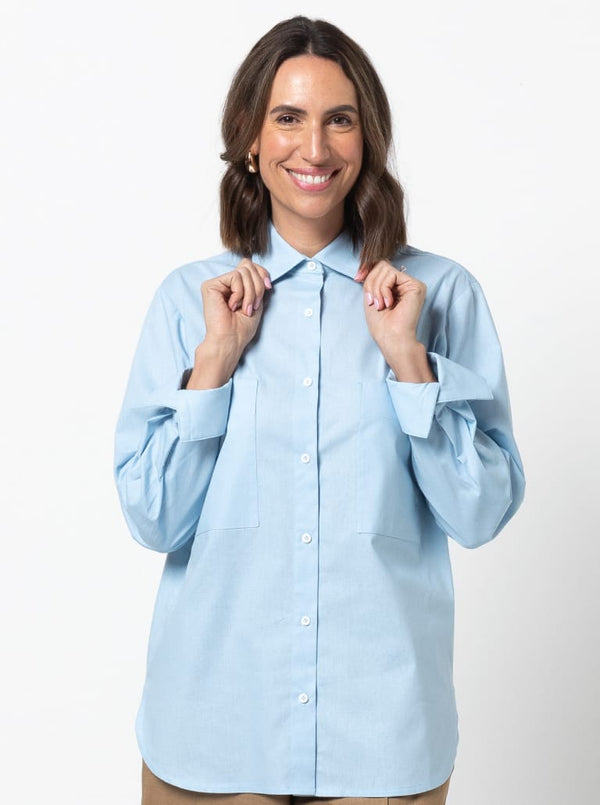 Clayton Woven Shirt Pack sewing pattern with relaxed and classic fit options, featuring optional collars, sleeves, pockets, and neck trims.
