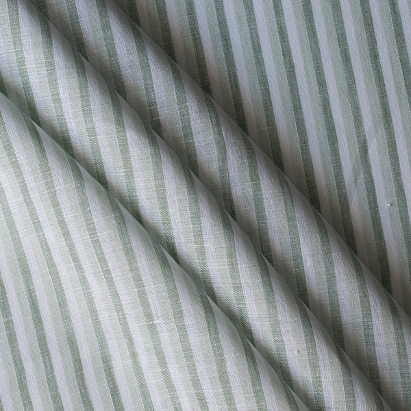 Close-up of Coastal Sage Stripe linen fabric with soft sage-green and white yarn-dyed stripes, 100% linen, 130 GSM, 60 LEA
