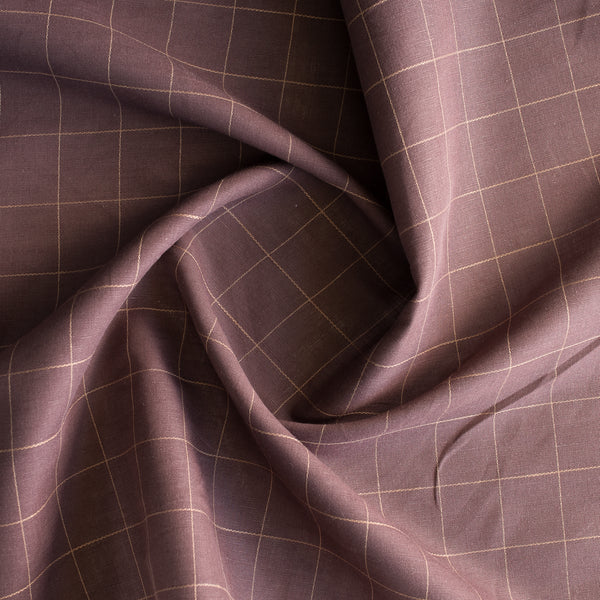 Cocoa Grid Yarn-Dyed Linen Blend Fabric – deep brown with rustic gold windowpane check, lightweight 130 GSM