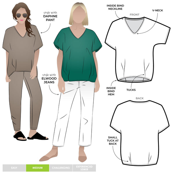 Daphne Tunic Sewing Pattern – oversized cocoon shape tunic with hem tucks and U neckline