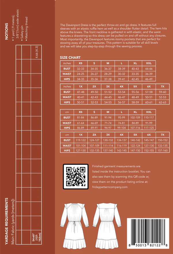 Davenport Dress Sewing Pattern – pull-on ruffle sleeve dress with elastic waist & pockets (XS–7X)