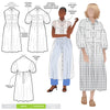 line art of Emerald Woven Shirt Dress sewing pattern featuring a waisted fit, irregular tucked skirt, shirt collar, optional sleeves or sleeveless style, and inseam pockets