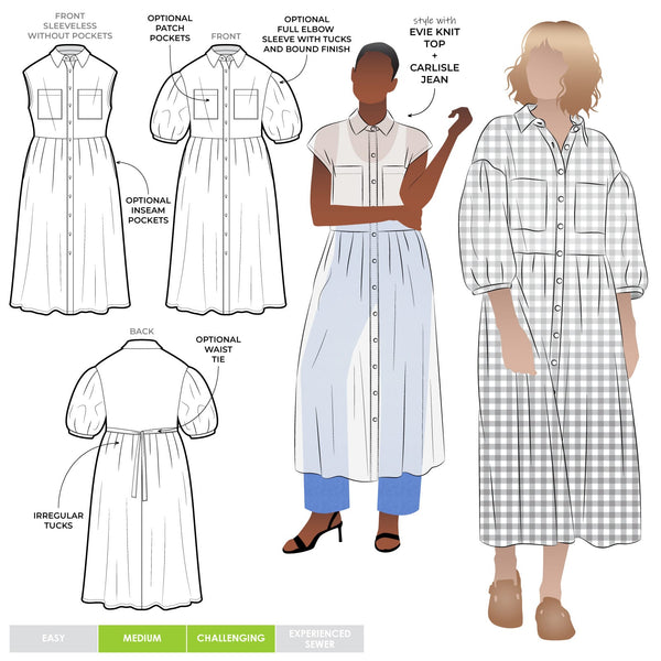 line art of Emerald Woven Shirt Dress sewing pattern featuring a waisted fit, irregular tucked skirt, shirt collar, optional sleeves or sleeveless style, and inseam pockets