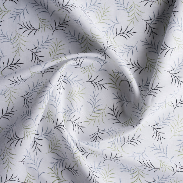 Fern Breeze Linen Blend Fabric – delicate leaf pattern in green, grey & black on white, lightweight 136 GSM