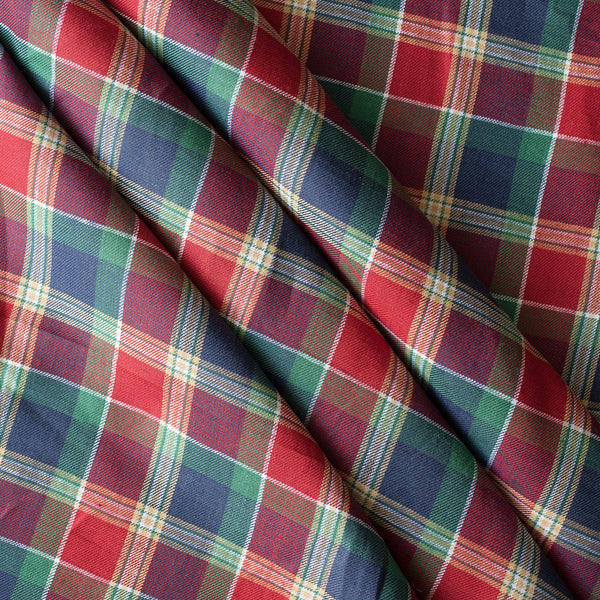 Festive Glen Tartan linen fabric – red, green and navy heritage tartan pattern, yarn-dyed linen for garments and festive sewing