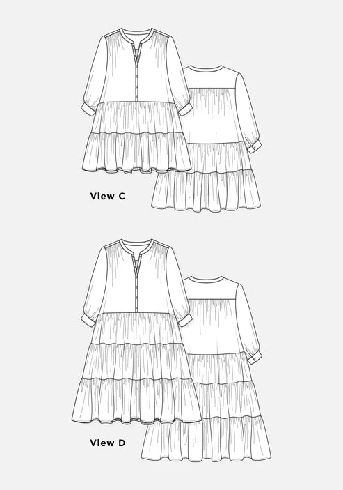 Line drawing of a tiered Poppy Dress with two views labeled 'View C' and 'View D' on a white background.