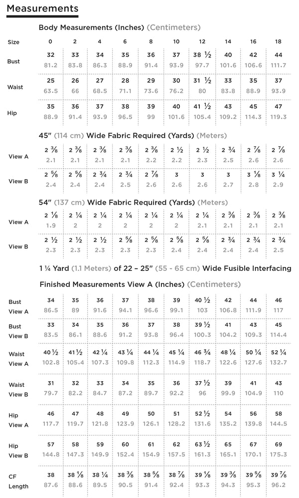 Meaurement chart of Loosely fitted Alder Shirtdress sewing pattern with A-Line and gathered skirt options, designed by Grainline Studio.