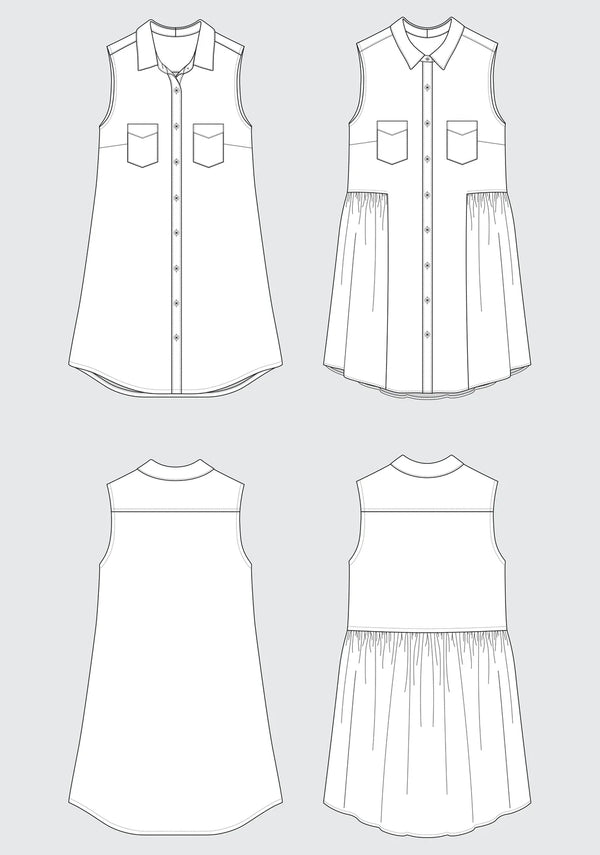 Loosely fitted Alder Shirtdress sewing pattern with A-Line and gathered skirt options, designed by Grainline Studio.