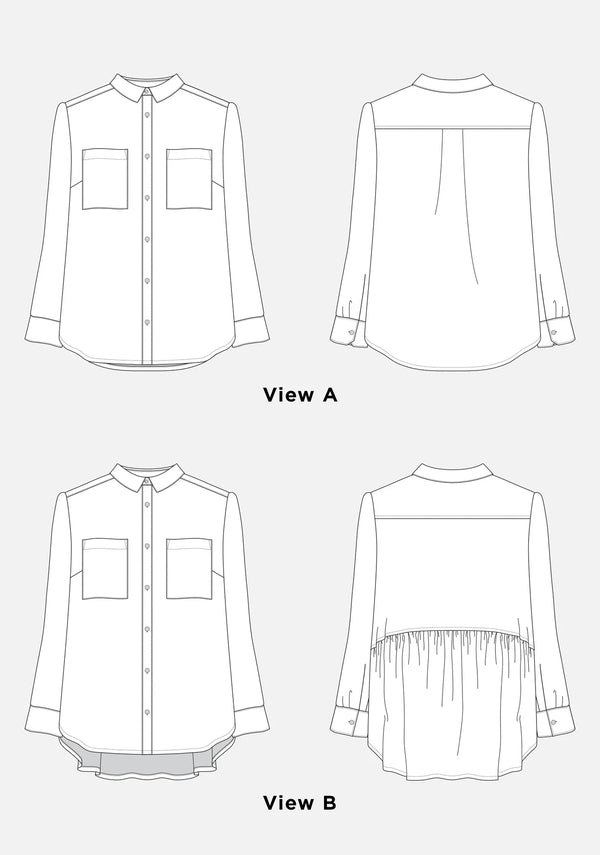 Grainline Studio Archer Button-Up Shirt sewing pattern with box pleat and angled cuffs for View A, and gathered back with straight cuffs for View B