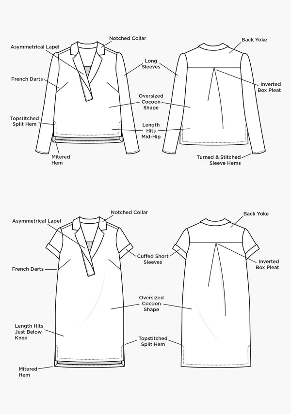 Grainline Studio’s Augusta Shirt & Dress sewing pattern, showcasing a cocoon shape with asymmetrical collar and mitered split hem