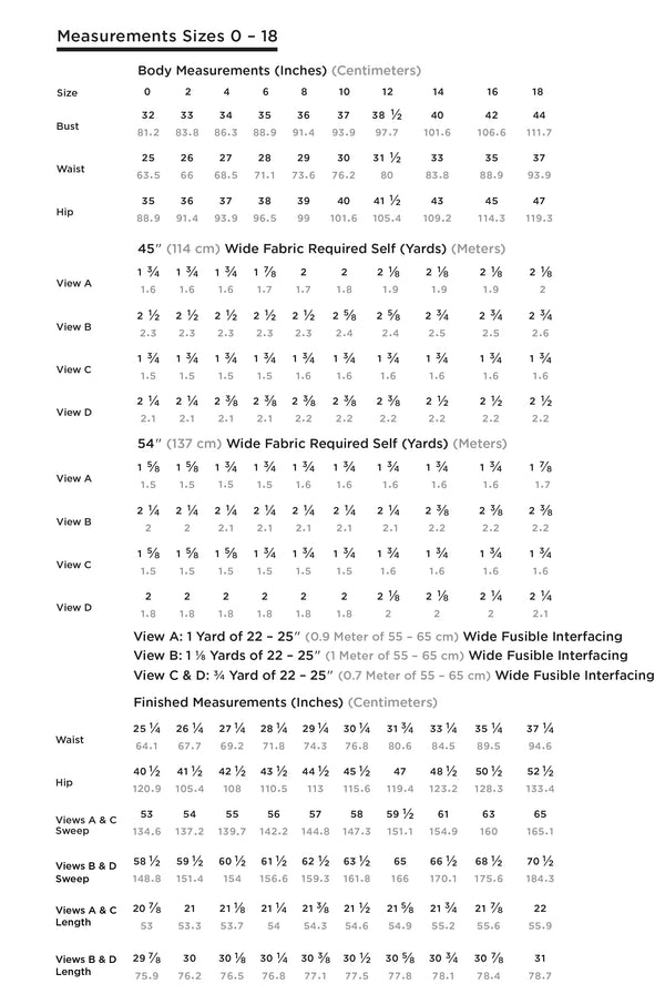 size chart of Versatile A-Line Reed Skirt sewing pattern with multiple pocket styles and closure options, perfect for beginners, from Grainline Studio