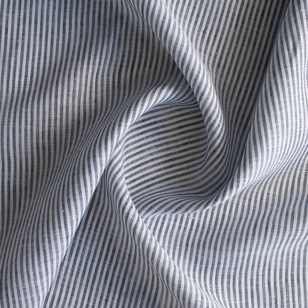 Graphite Stripe Linen Fabric – yarn-dyed deep grey stripes on crisp white background