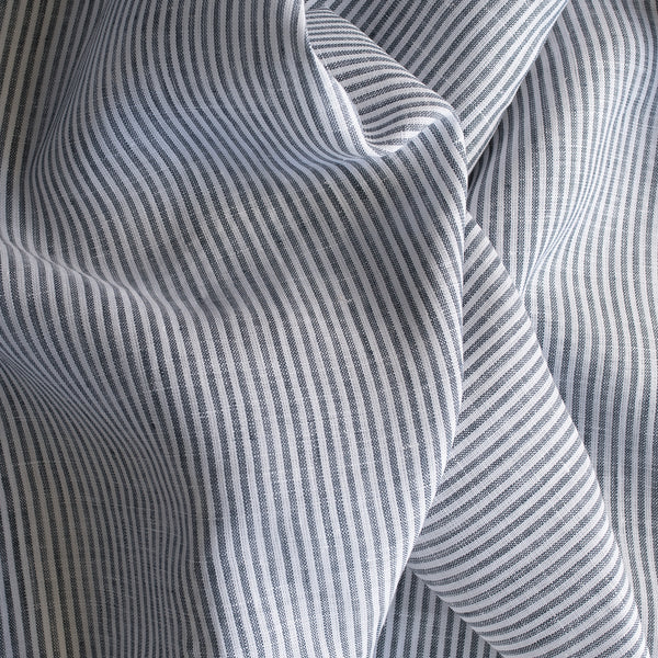 Graphite Stripe Linen Fabric – yarn-dyed deep grey stripes on crisp white background