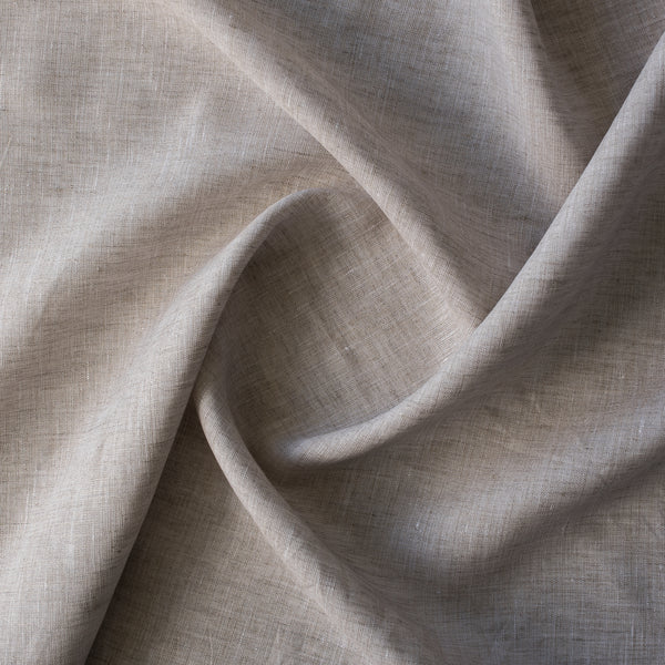 Greige Chambray Linen Fabric – yarn-dyed warm grey-beige chambray weave, 100% linen