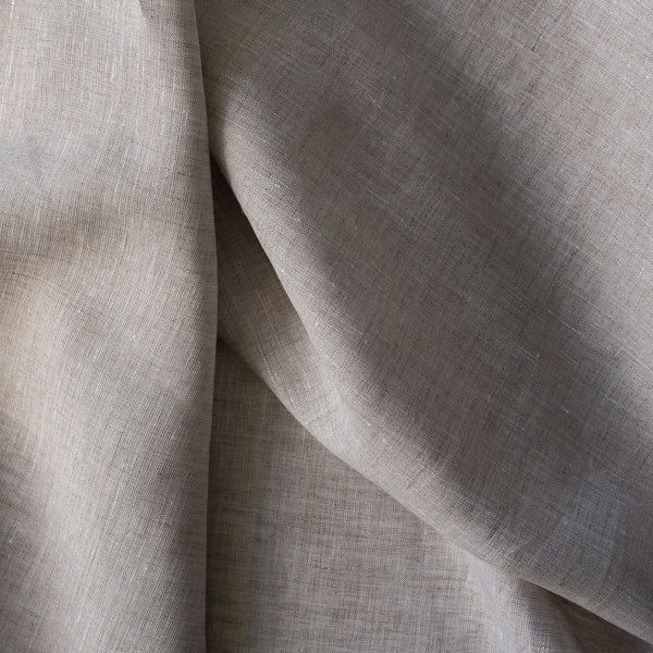 Greige Chambray Linen Fabric – yarn-dyed warm grey-beige chambray weave, 100% linen