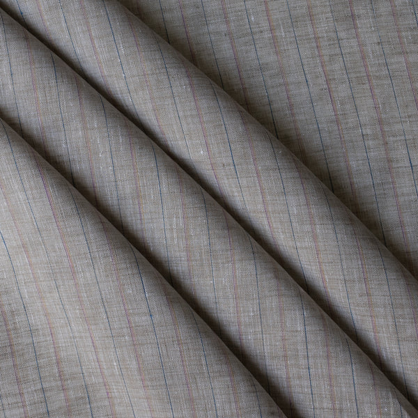 Greige Meadow Stripe linen fabric – lightweight 115 GSM yarn-dyed linen with fine pastel stripes, soft greige base for shirts and dresses