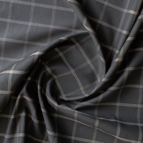 Grid-Patterned Black Giza Cotton Blend Fabric with Pinstriped Grid Design