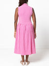 Person wearing a pink checkered dressmade from the Hampton Woven Dress Sewing Pattern on a white background