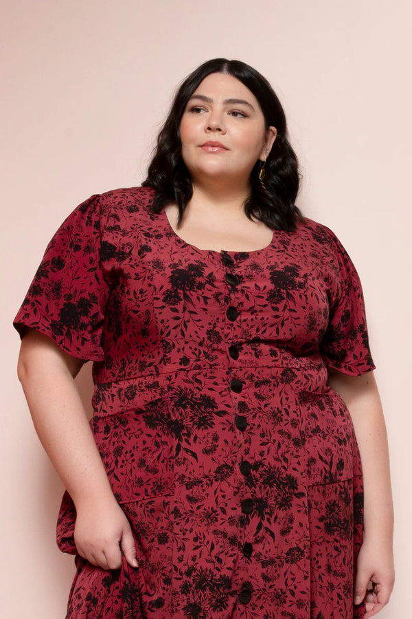 Hughes Dress Sewing Pattern – scoop neck A-line dress with button front and lace-up tie back (XS–7X)