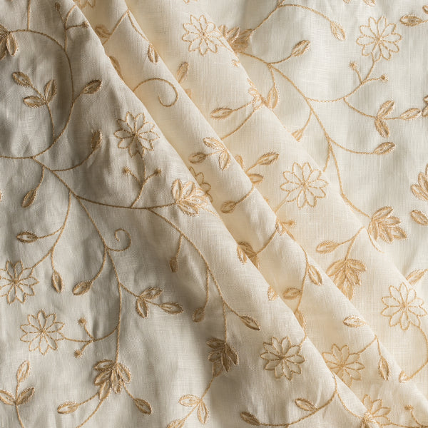 Ivory Bloom Embroidered Linen Fabric – lightweight natural linen with tonal leafy vine embroidery