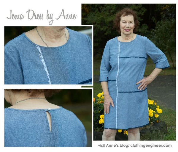 Jema Panel Dress sewing pattern, highlighting a shift dress with round neck, bell sleeves, and panelled design, suitable for linen, pique, cotton, crepe, or any woven fabric.