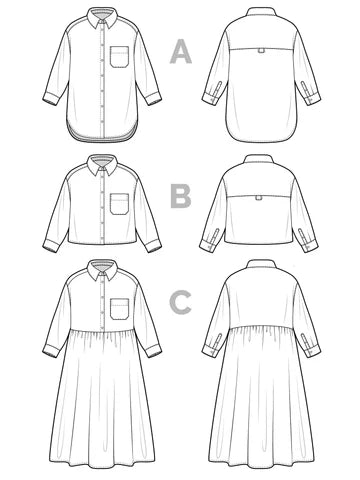 Jenna Shirt + Shirtdress Sewing Pattern – oversized button-up with drop shoulder & classic details