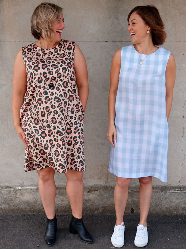 June Sheath Dress sewing pattern, featuring a sleeveless slip-on design with a very slight A-line shape and inseam pockets, suitable for crepe, linen, rayon, cotton, and brocade fabrics.