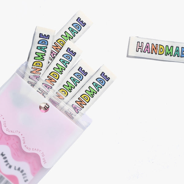 Handmade Rainbow woven KATM sewing labels for handmade clothes and DIY sewing projects