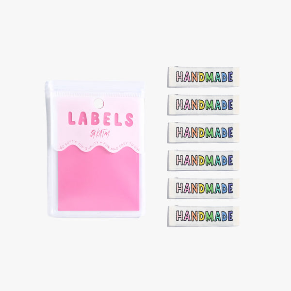 Handmade Rainbow woven KATM sewing labels for handmade clothes and DIY sewing projects