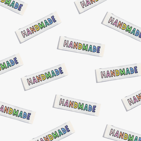 Handmade Rainbow woven KATM sewing labels for handmade clothes and DIY sewing projects