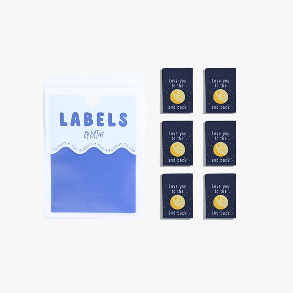 Love You To The Moon and Back woven KATM sewing labels for handmade clothes and DIY sewing projects