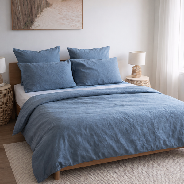 Lake blue 100% linen duvet cover soft blue grey breathable bedding